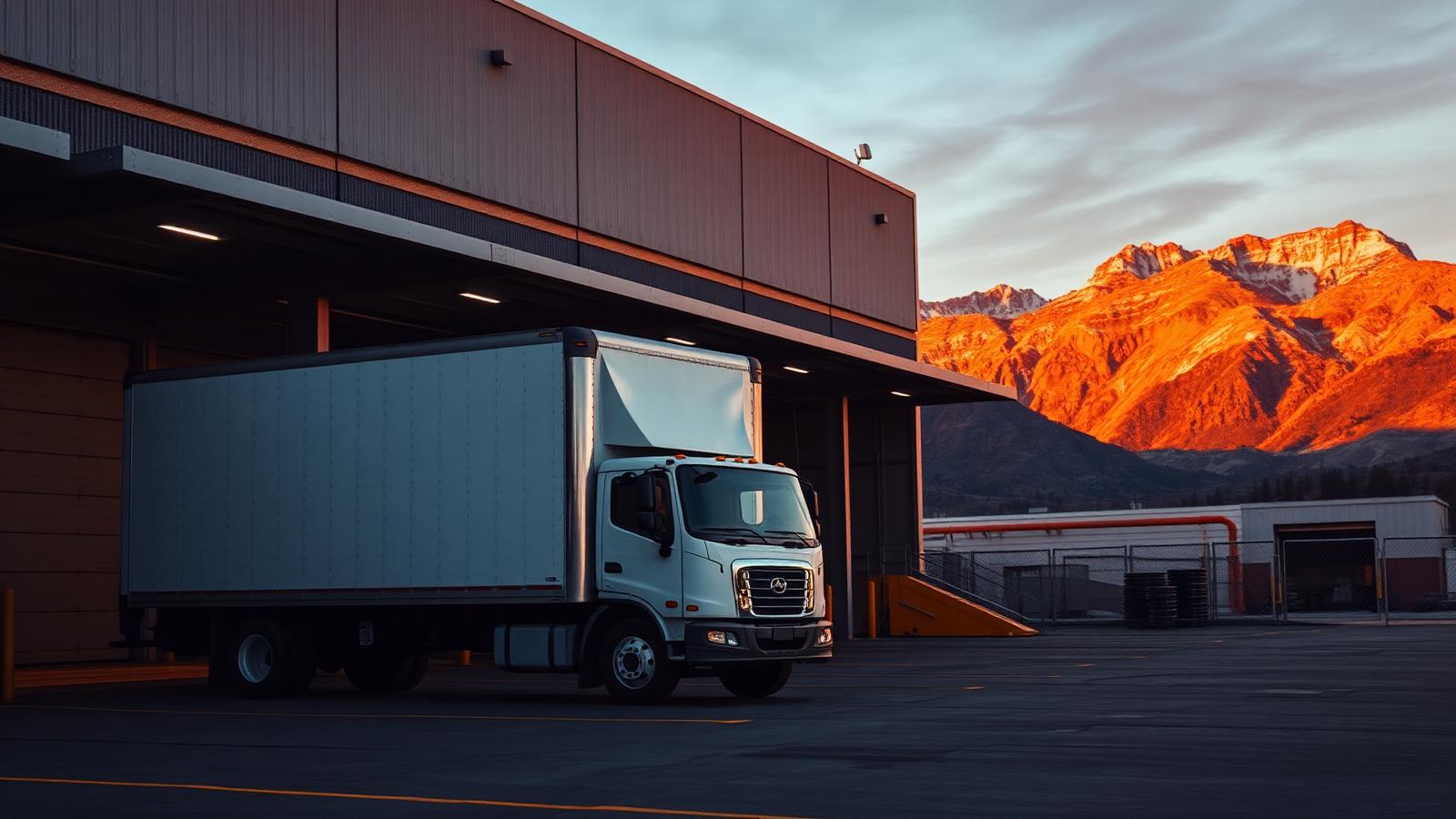 GLT 3PL 20ft box truck at a loading dock with Utah mountains in the background